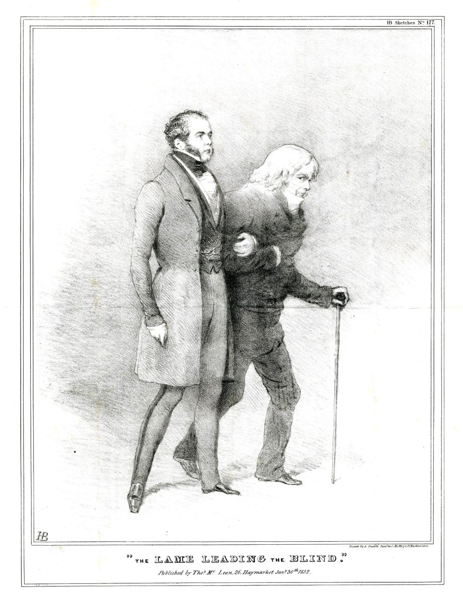 Le boiteux guidant l'aveugle, caricature anglaise